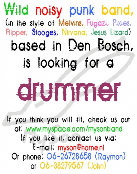 Wild noisy punk band is looking for a drummer