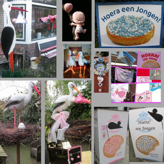 Verhuur van geboorteborden, ooievaar op nest, Megapak Beschuit met muisjes, geboortekrans/vlaggen